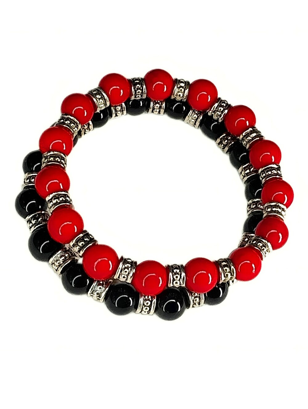 Set of Two Matching Stackable  Beaded Stretch Bracelets Black Red Silver Boho